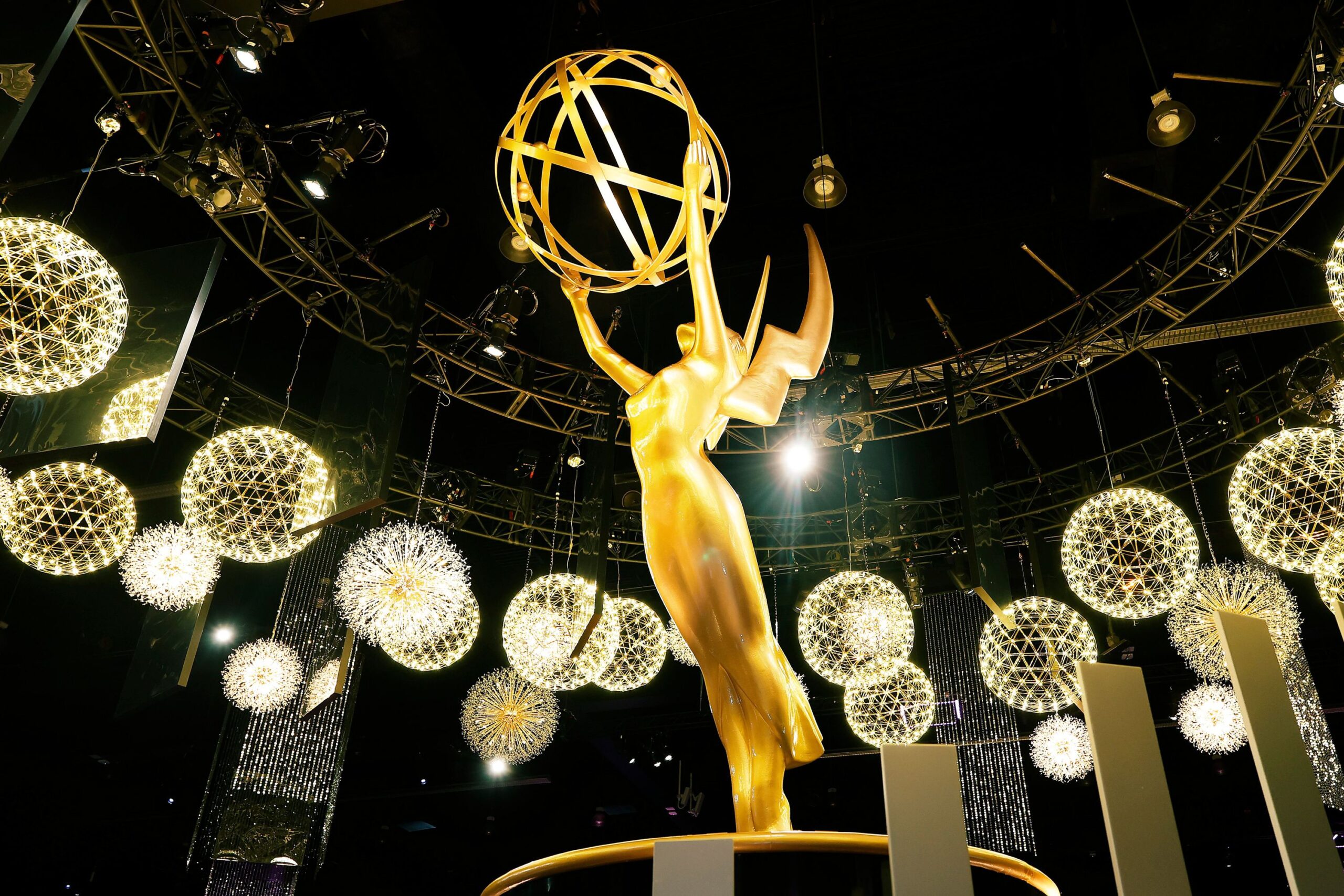 <i>Frazer Harrison/Getty Images/File via CNN Newsource</i><br/>A view of the Emmy statue is seen during the 77th Primetime Emmys Press Preview at Peacock Theater in September 2025.