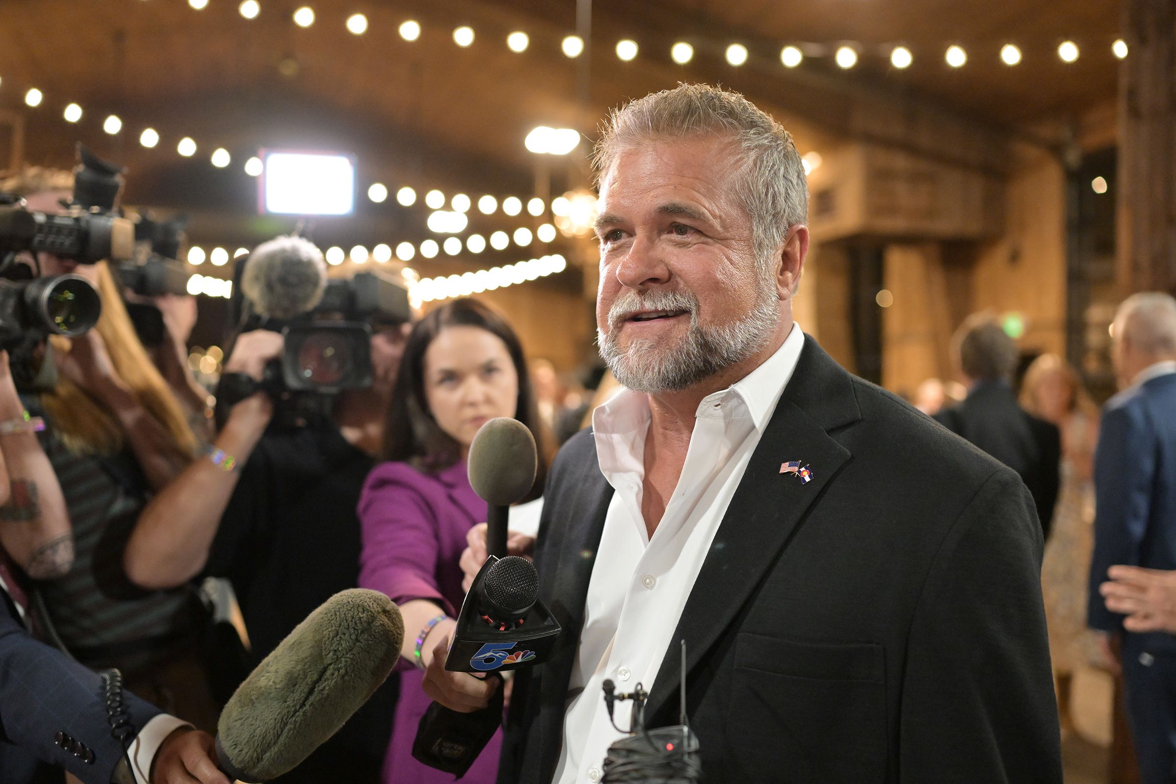 <i>Hyoung Chang/The Denver Post/Getty Images via CNN Newsource</i><br/>Republican gubernatorial candidate Victor Marx answers questions from reporters at Spruce Mountain Ranch in Larkspur