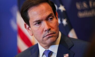 Secretary of State Marco Rubio speaks with members of the media before departing from Bahrain International Airport in Manama