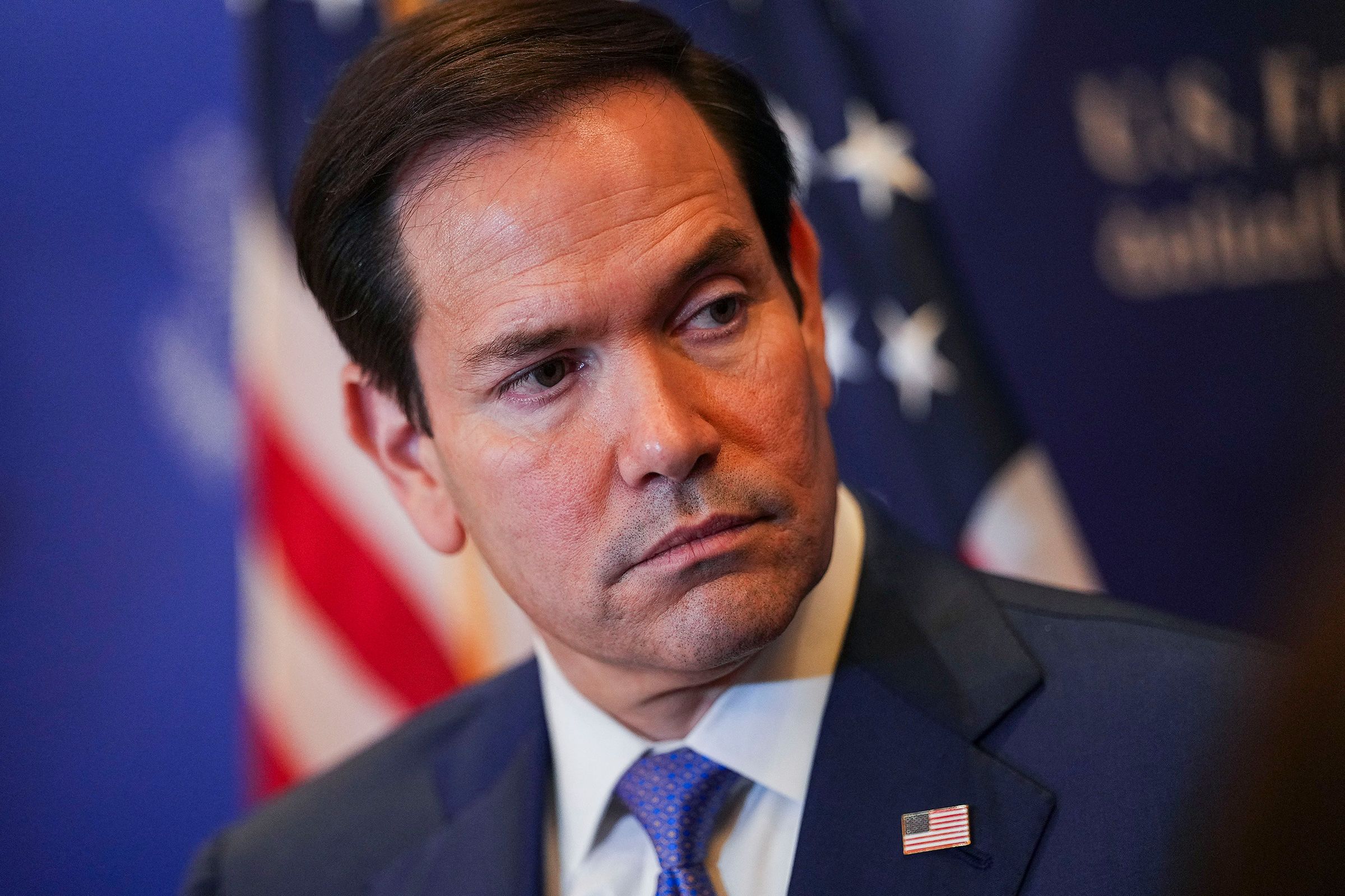 <i>Eric Lee/Pool/AFP/Getty Images/File via CNN Newsource</i><br/>Secretary of State Marco Rubio speaks with members of the media before departing from Bahrain International Airport in Manama