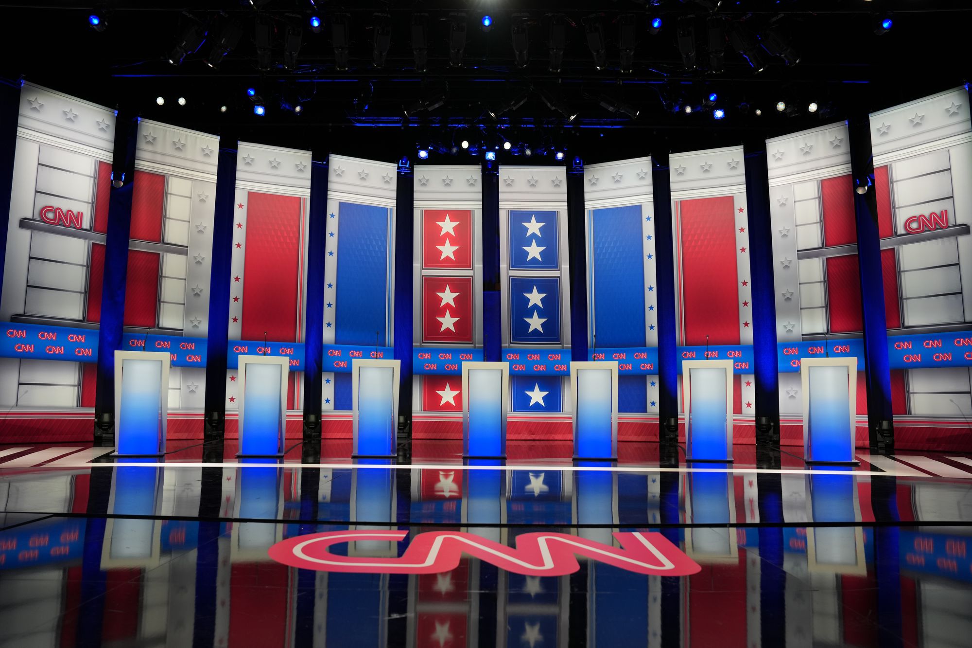 <i>Grace Widyatmadja/CNN via CNN Newsource</i><br/>The debate stage ahead of CNN’s California Gubernatorial Debate at East Los Angeles College Auditorium in Monterey Park