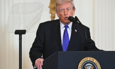 A teleprompter is visible as President Donald Trump speaks during a Medal of Honor ceremony in the East Room of the White House on March 2