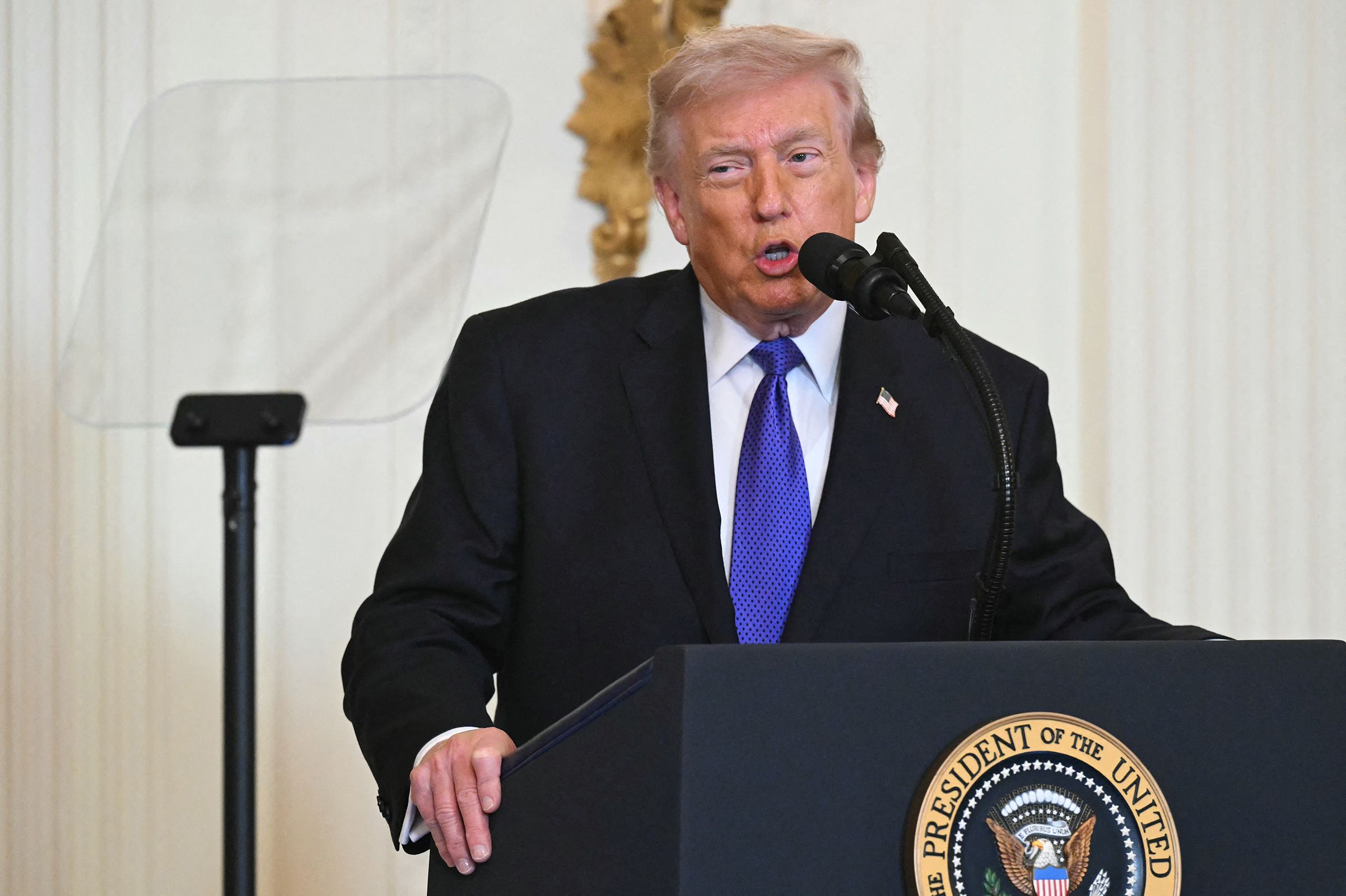 <i>Saul Loeb/AFP/Getty Images/File via CNN Newsource</i><br/>A teleprompter is visible as President Donald Trump speaks during a Medal of Honor ceremony in the East Room of the White House on March 2