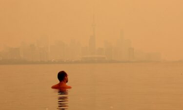 A swimmer checks out the view of the smoke from Northern Ontario forest fires that has the City of Toronto skyline shrouded in haze as viewed from Humber Park West in Toronto