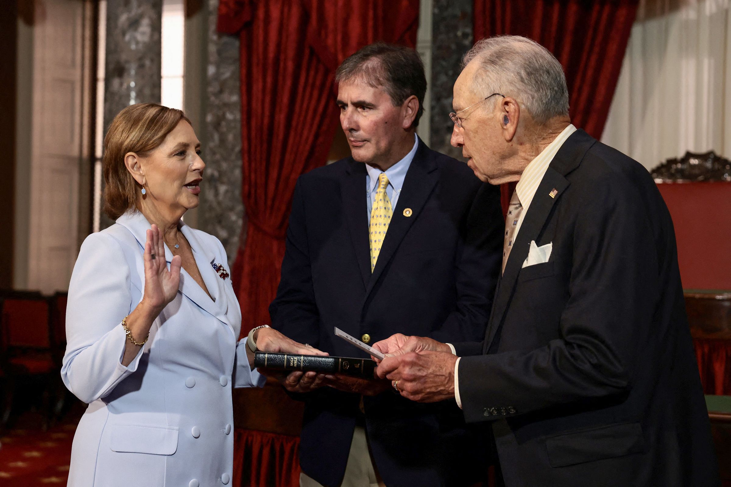 <i>Finn Gomez/Getty Images via CNN Newsource</i><br/>Sen. Darline Graham participates in a ceremonial swearing-in in the Old Senate Chamber at the US Capitol on July 14