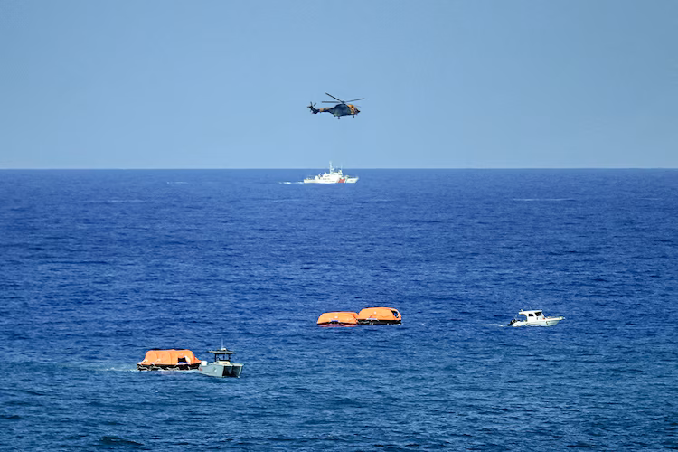 Turkish vessels, aircraft, and rescue rafts are pictured off the port of Kyrenia in the self-proclaimed Turkish Republic of Northern Cyprus, in the north of the divided Mediterranean island of Cyprus, on Aug. 30, 2026.
