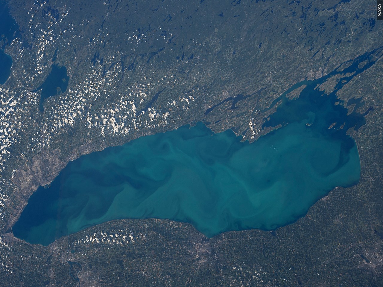 A satellite image of Lake Ontario by NASA via https://commons.wikimedia.org/wiki/File:ISS-36_Lake_Ontario.jpg.