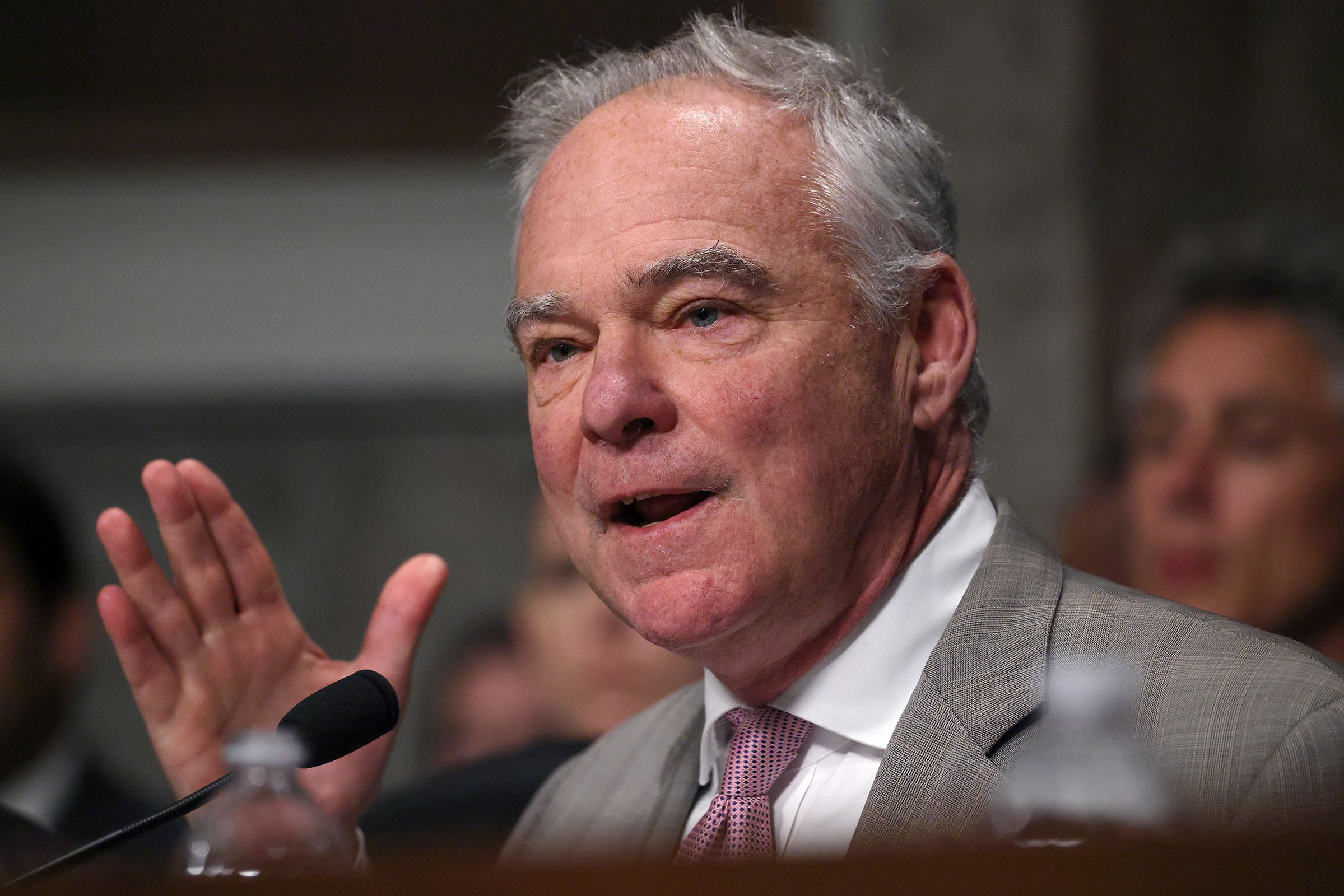 <i>Win McNamee/Getty Images/File via CNN Newsource</i><br/>Sen. Tim Kaine speaks during a Senate Armed Services Committee hearing in the Dirksen Senate Office Building on Capitol Hill on May 14.