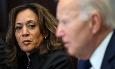 Vice President Kamala Harris listens to President Joe Biden speak at the White House in Washington