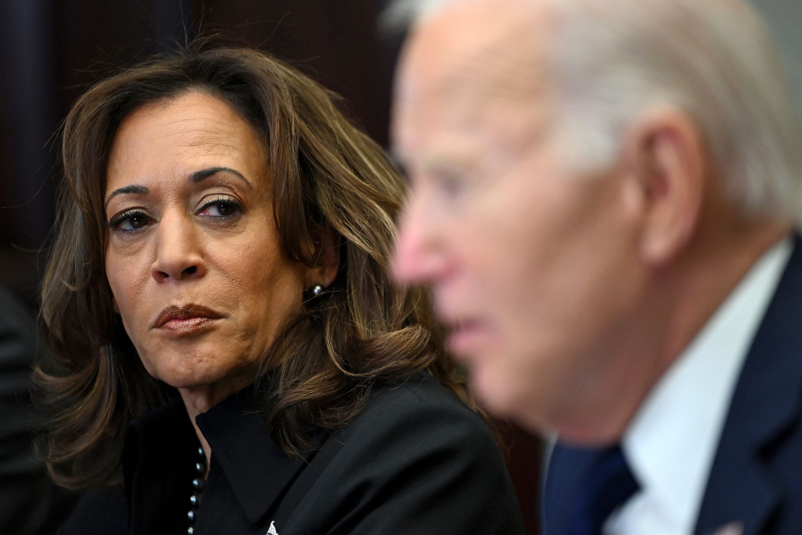 <i>Andrew Cabellero-Reynolds/AFP/Getty Images via CNN Newsource</i><br/>Vice President Kamala Harris listens to President Joe Biden speak at the White House in Washington