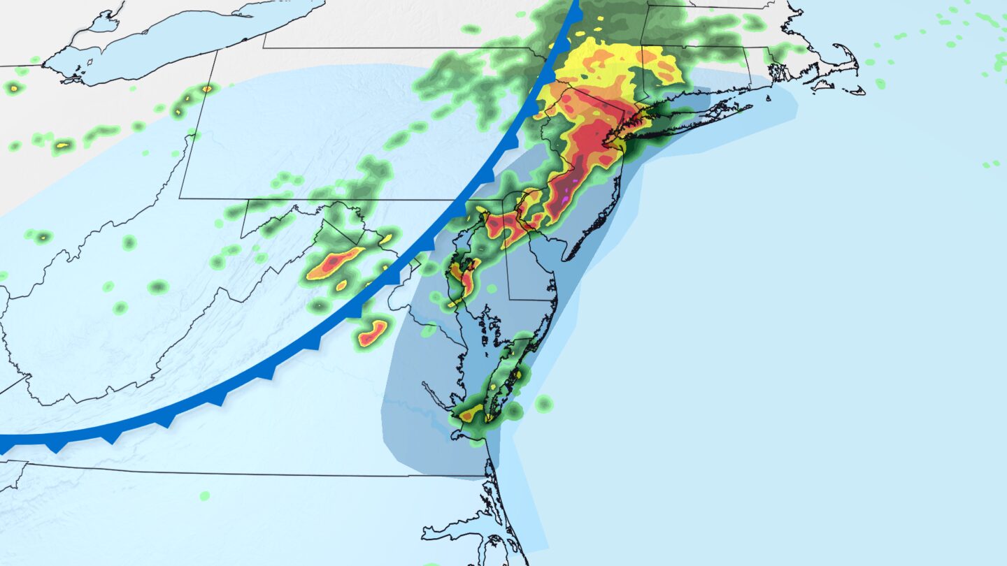 <i>CNN Weather via CNN Newsource</i><br/>A cold front (blue line) will trigger severe storms and flooding rainfall in the East on Thursday.