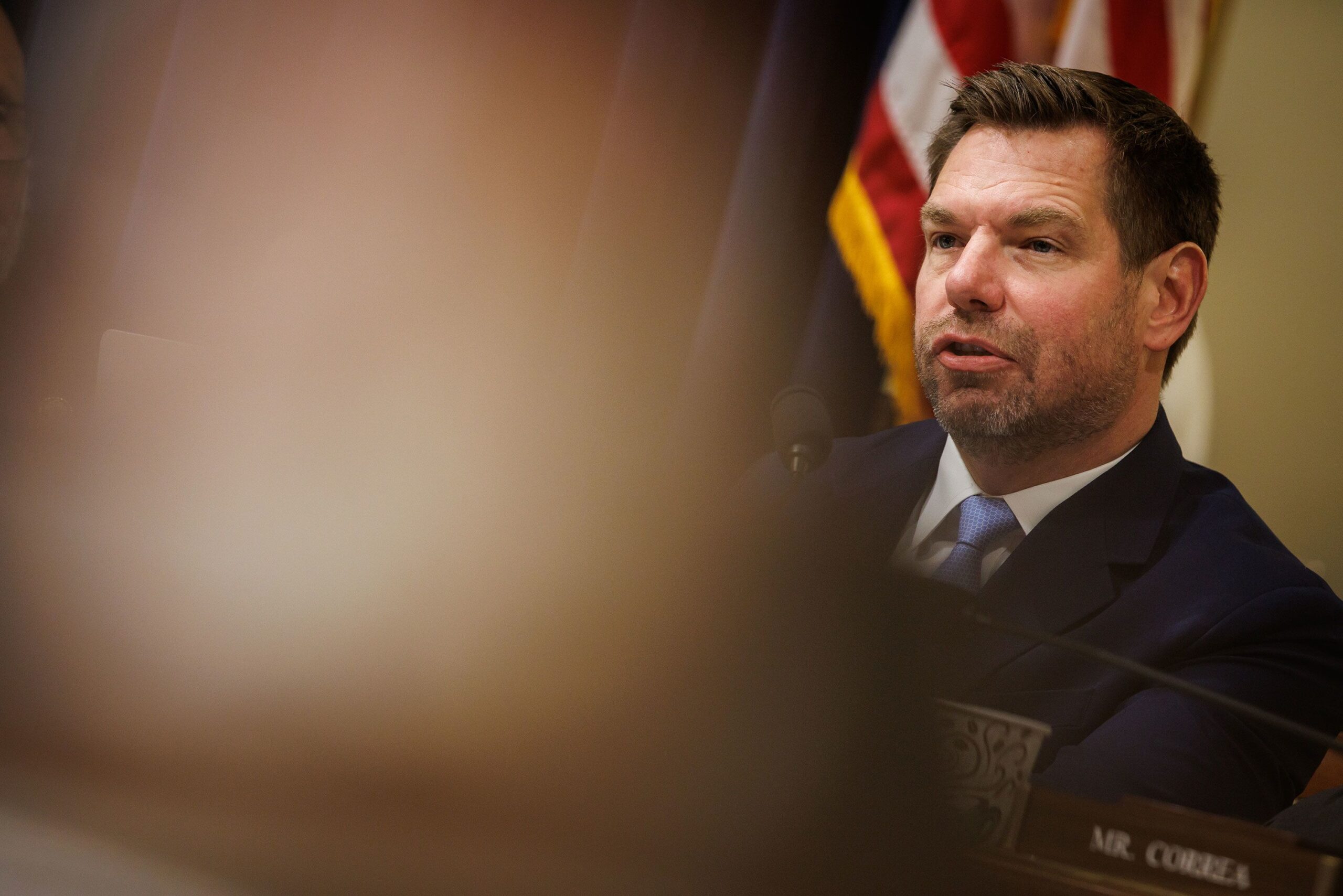 <i>Samuel Corum/Getty Images/File via CNN Newsource</i><br/>Rep. Eric Swalwell speaks during a House Homeland Security Committee hearing on February 10
