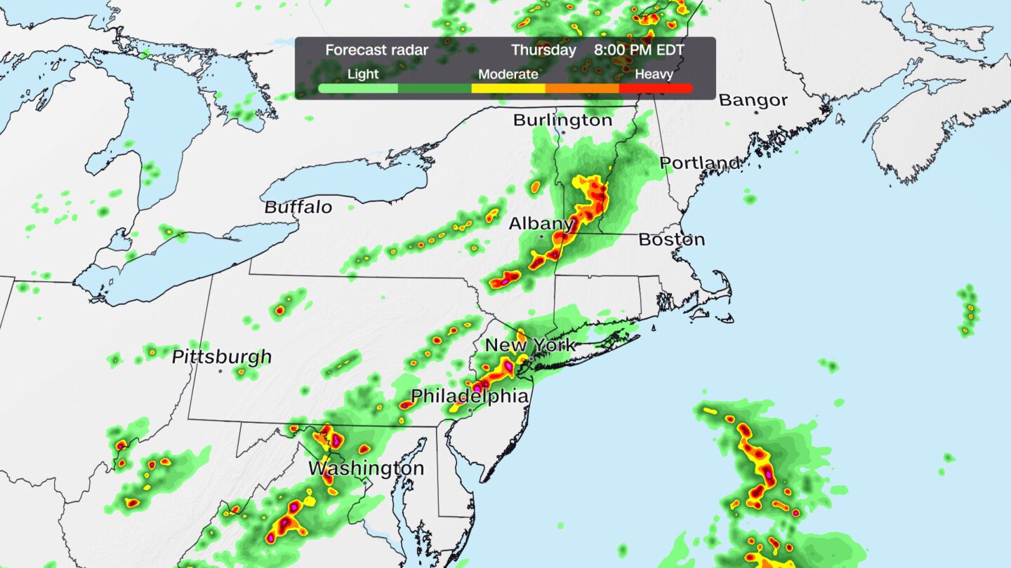 <i>CNN Weather via CNN Newsource</i><br/>A forecast radar shows where storms could be located Thursday evening.