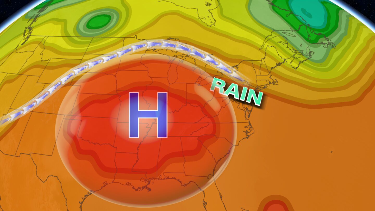 <i>CNN Weather via CNN Newsource</i><br/>High pressure over the central US is forcing storm systems around its edge and toward the Northeast.