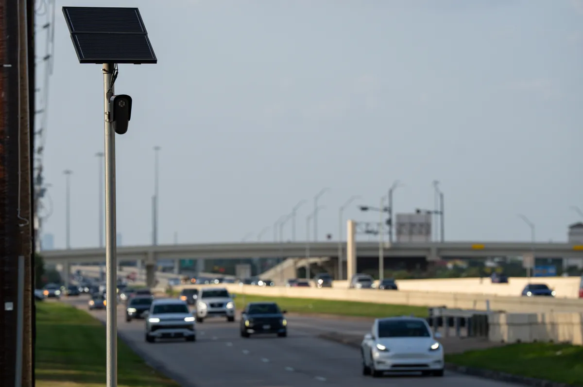 A Flock camera records drivers on the Texas 288 feeder road in Pearland on Aug. 23, 2026.