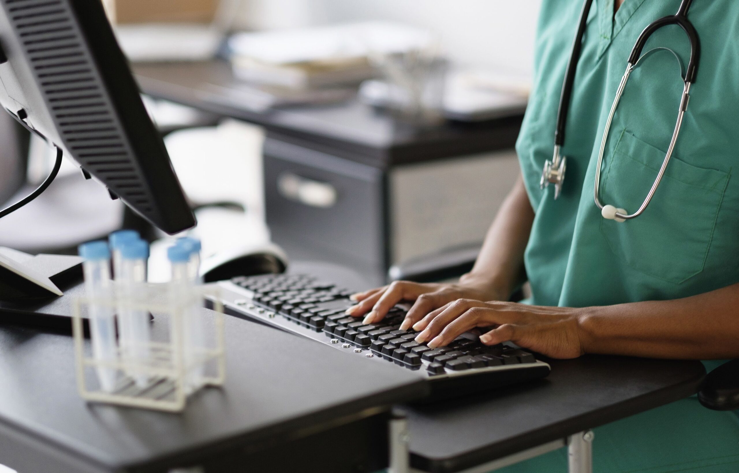 <i>JGI/Tom Grill/Tetra images RF/Getty Images via CNN Newsource</i><br/>A nurse works at a computer.