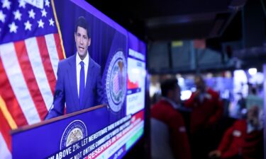 A television station on the floor of the New York Stock Exchange broadcasts Federal Reserve Chairman Kevin Warsh speaking after a Federal Open Market Committee meeting on July 29.
