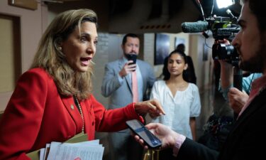 Rep. Maria Elvira Salazar talks to reporters following a House Republican conference in the basement of the US Capitol on September 1 in Washington