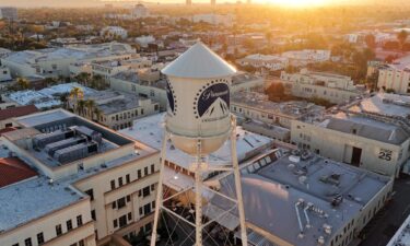 An aerial view of the Paramount logo on the water tower at Paramount Studios in December 2025 in Los Angeles