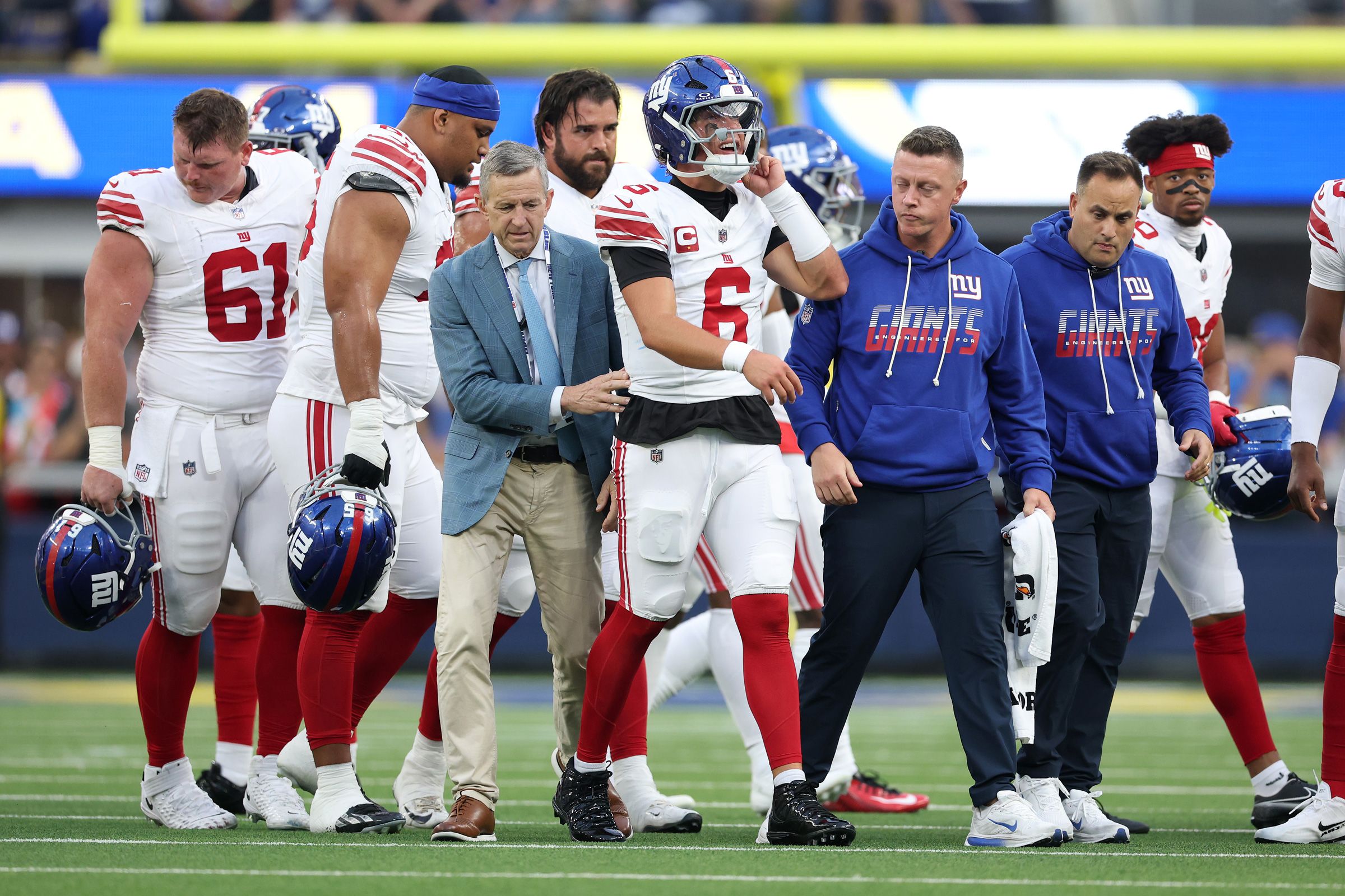 <i>Stacy Revere/Getty Images via CNN Newsource</i><br/>A member of the Washington Commanders medical staff tends to Jayden Daniels he suffered an injury against the Dallas Cowboys.