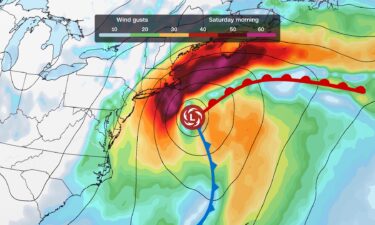 A computer model forecast of the storm's location and wind speeds on Saturday morning.