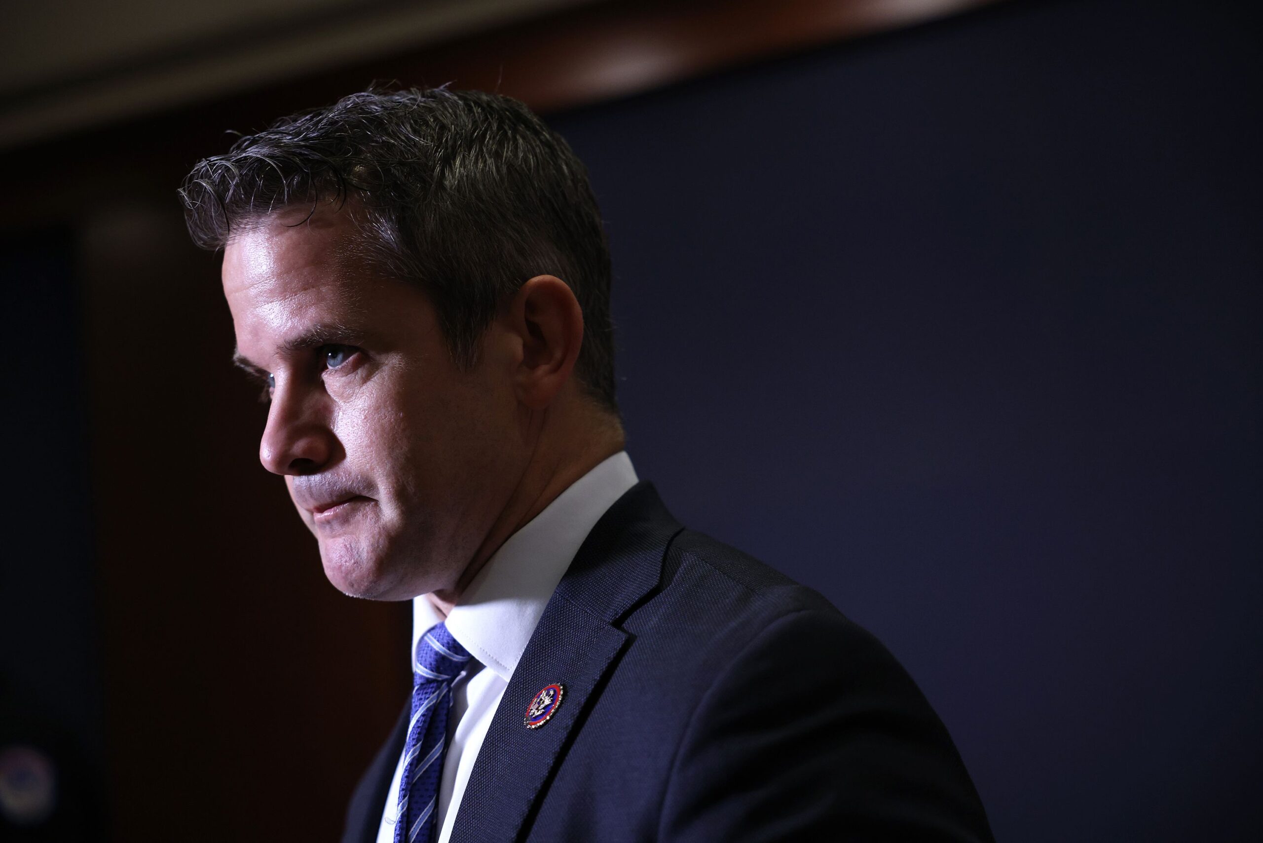 <i>Kevin Dietsch/Getty Images/File via CNN Newsource</i><br/>Former Illinois Rep. Adam Kinzinger speaks after the Republican House caucus voted to remove Rep. Liz Cheney of her leadership