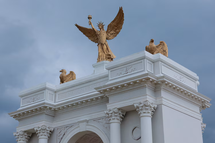 FILE PHOTO: A model of U.S. President Donald Trump's proposed triumphal arch, on the final day of The Great American State Fair on the National Mall in Washington, D.C., U.S., July 10, 2026.