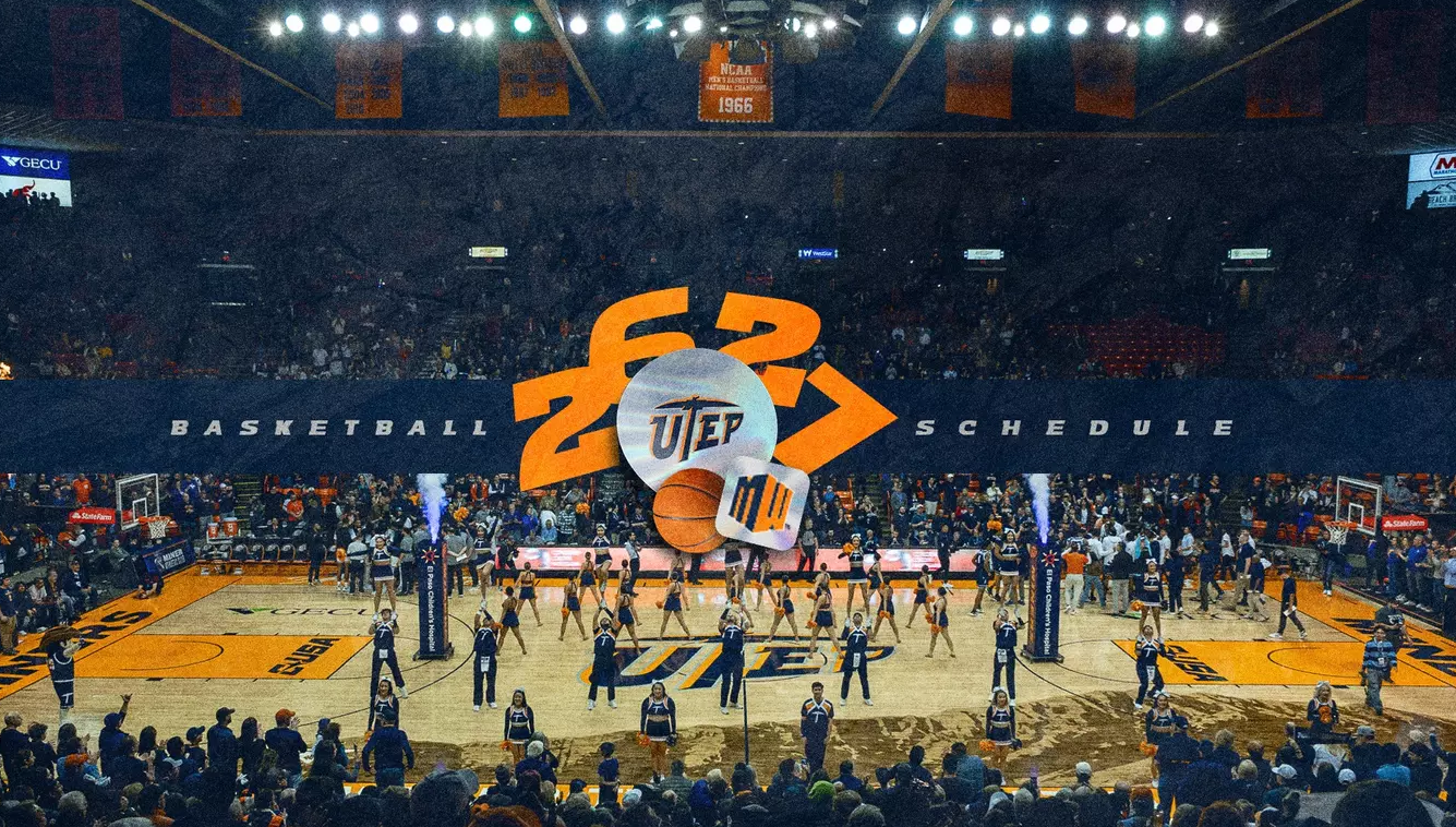 Graphic announcing the UTEP men's basketball 2026-27 schedule and Mountain West matchups.