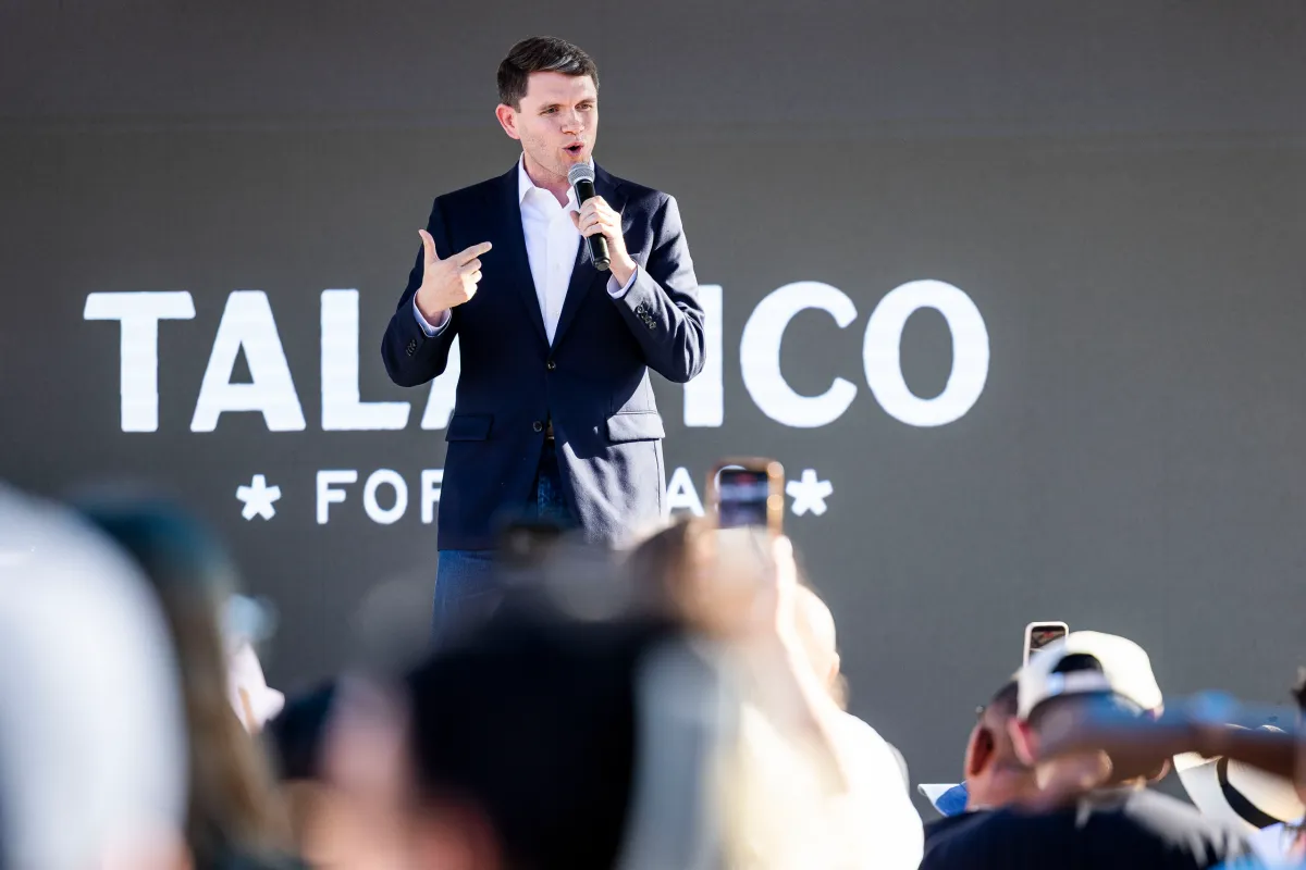 State Rep. James Talarico, the Democratic nominee for U.S. Senate, campaigns at Celis Brewery in Austin on Aug. 20, 2026, as part of his "New American Dream" tour to promote his economic agenda.