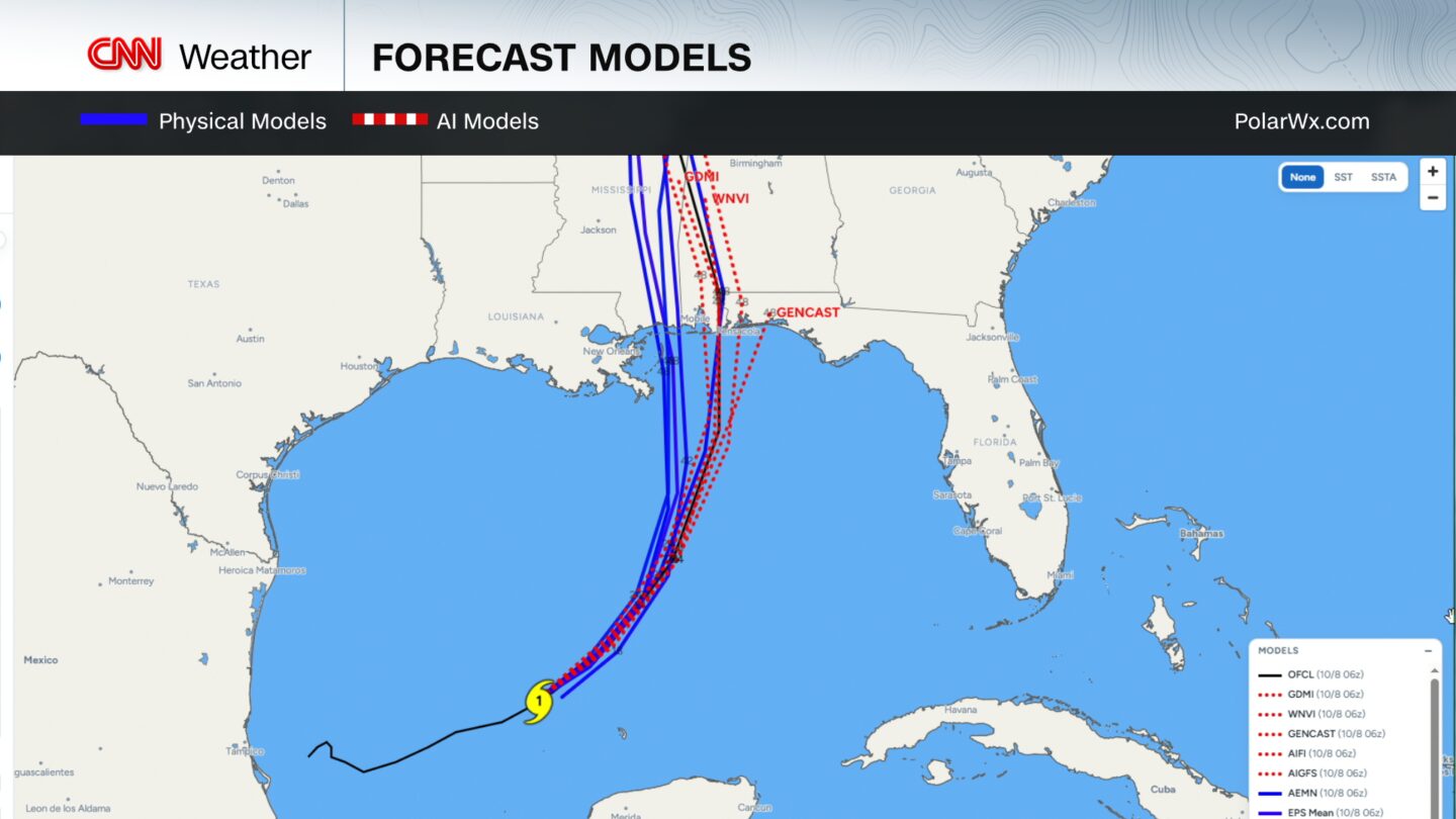 <i>CNN Weather via CNN Newsource</i><br/>Physics-based weather models and AI weather models differ in their predictions of Isaias' track and have had different projections for intensity