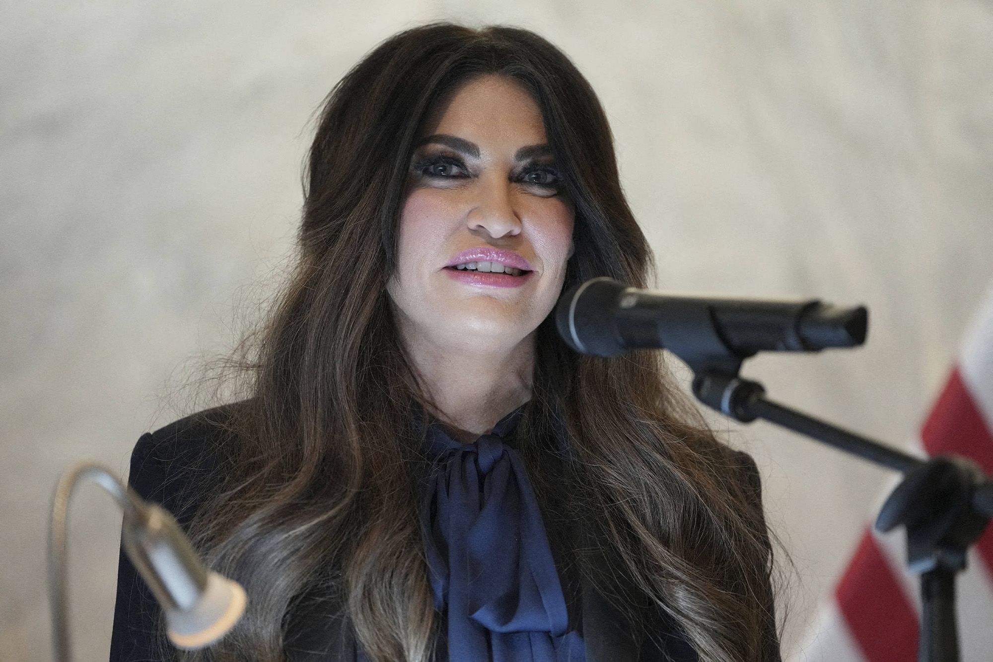 <i>Mark Schiefelbein/Pool/AFP/Getty Images via CNN Newsource</i><br/>US Ambassador to Greece Kimberly Guilfoyle speaks during a dedication ceremony at the chancery of the US Embassy in Athens