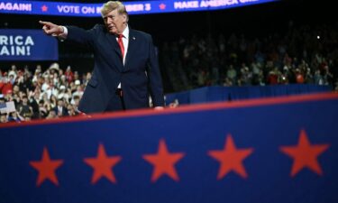 President Donald Trump gestures during a campaign rally at the Covelli Centre in Youngstown