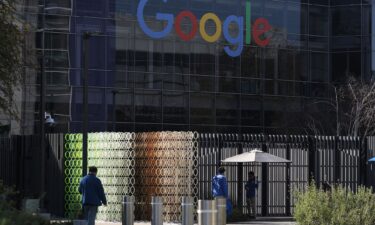 The Google logo is displayed on a building at Google headquarters on February 04