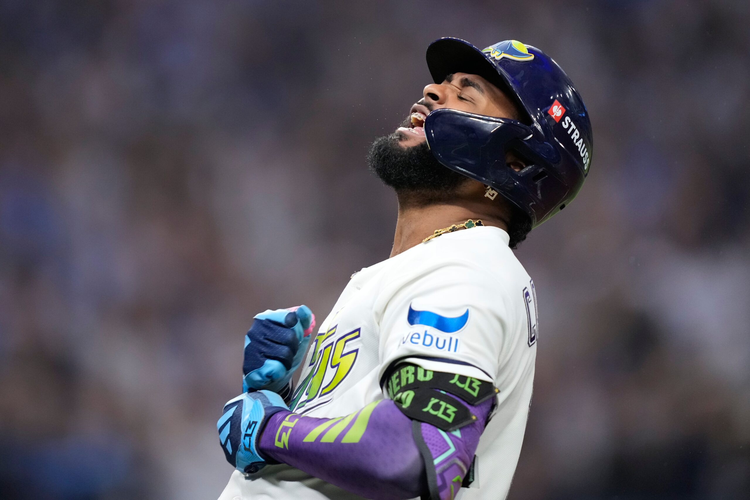 <i>David J. Phillip/AP via CNN Newsource</i><br/>Tampa Bay Rays' Junior Caminero celebrates his seventh-inning home run that sealed a trip to the World Series for his team.