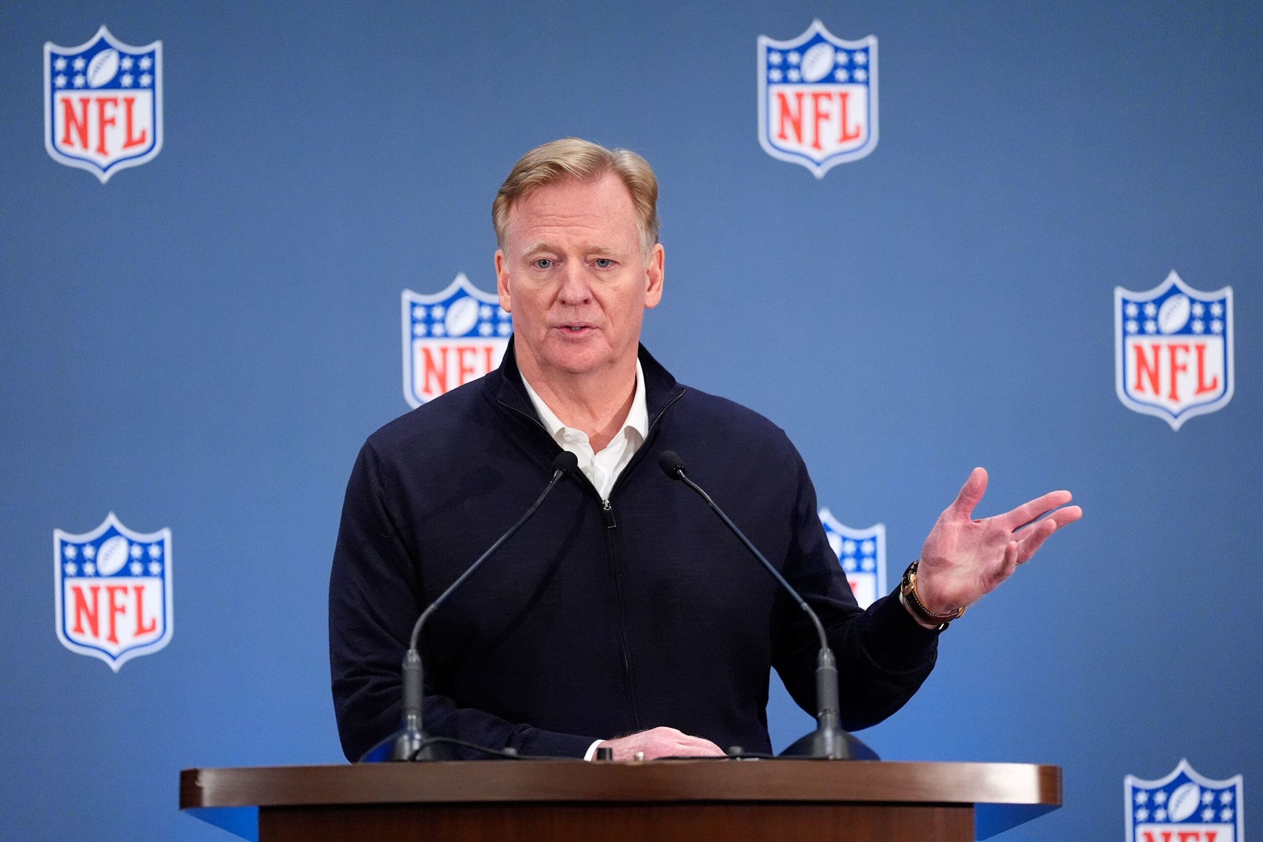 <i>Yuki Iwamura/AP via CNN Newsource</i><br/>NFL commissioner Roger Goodell speaks to reporters following owners meetings in New York.