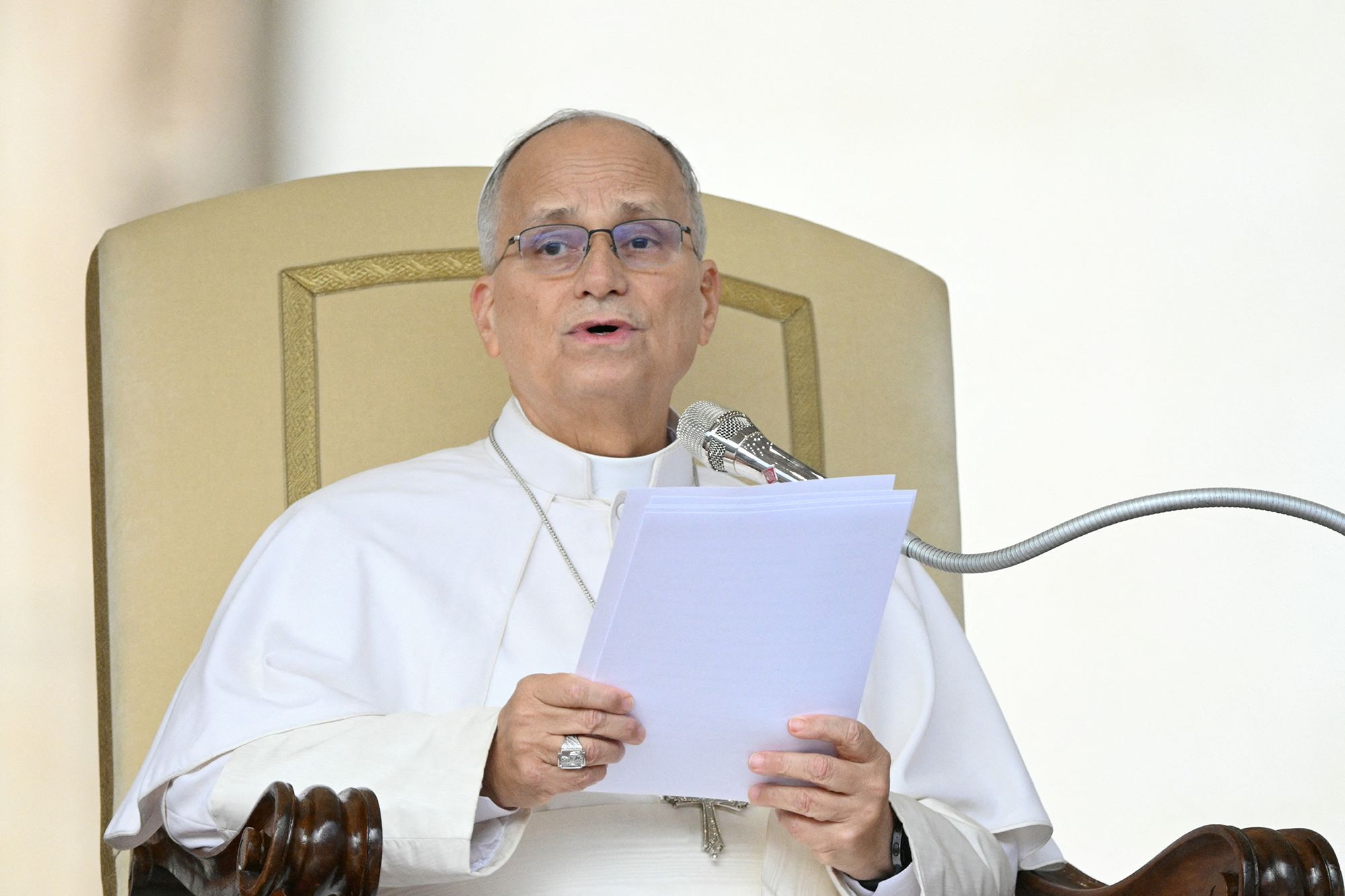 Pope Leo XIV addresses the crowd during the weekly general audience at St. Peter's Square in the Vatican on October 21.