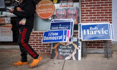 Campaign signs for Harvie are seen in Quakertown last Saturday.