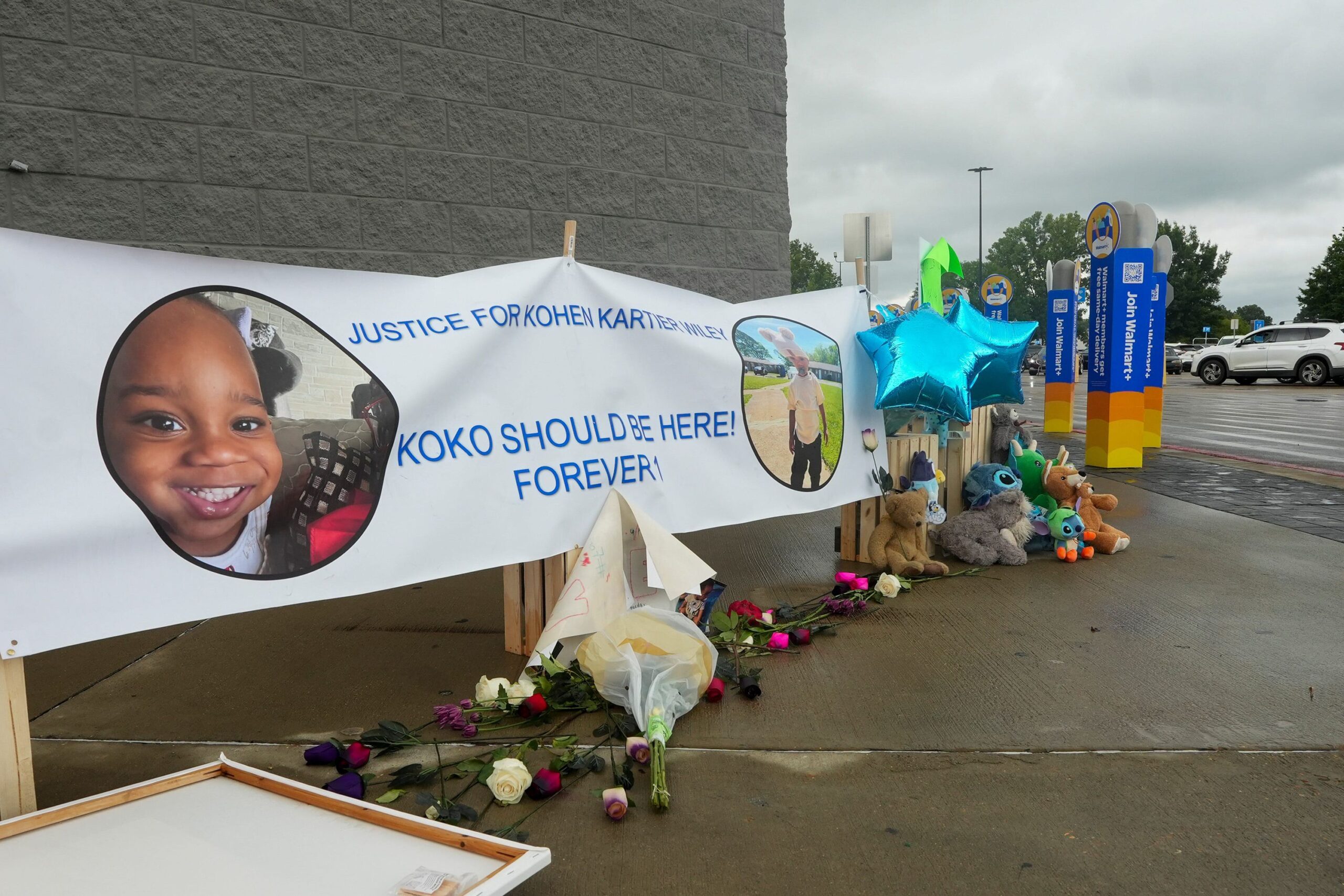 <i>Chris Day/The Commercial Appeal/USA Today Network/Imagn via CNN Newsource</i><br/>A memorial to Kohen Wiley is seen outside of a Walmart in Senatobia