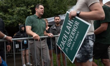 Iowa Republican nominee for Governor Zach Lahn speaks to fairgoers at the Iowa State Fair on August 14.