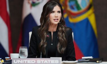 US Secretary of Homeland Security Kristi Noem delivers remarks during a working lunch at the "Shield of the Americas" Summit at Trump National Doral in Miami