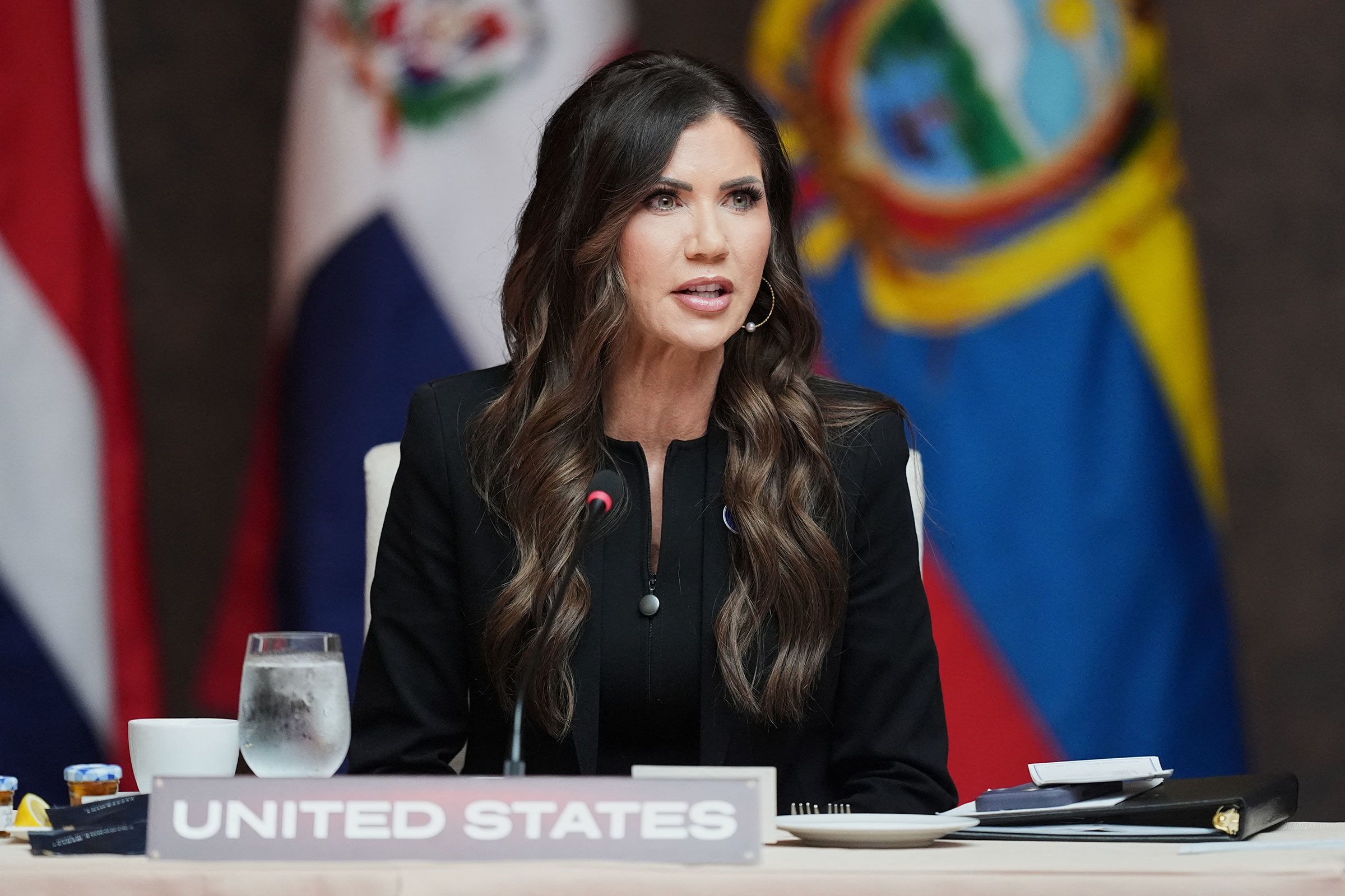 <i>Rebecca Blackwell/Pool/AFP/Getty Images/File via CNN Newsource</i><br/>US Secretary of Homeland Security Kristi Noem delivers remarks during a working lunch at the "Shield of the Americas" Summit at Trump National Doral in Miami