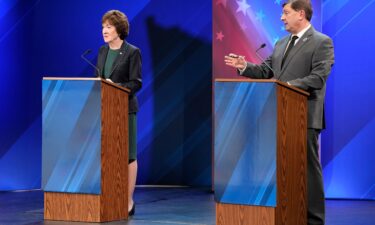 Sen. Susan Collins and Troy Jackson during the final Maine Senate debate in Bangor